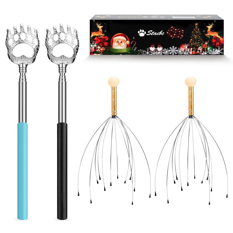 StaiBC Telescopic Back Scratcher and Hand Held Scalp Head Massagers Kit 2 Pieces of Back Scratchers and 2 Pieces of Head Massagers (Random Colors) - Image 1